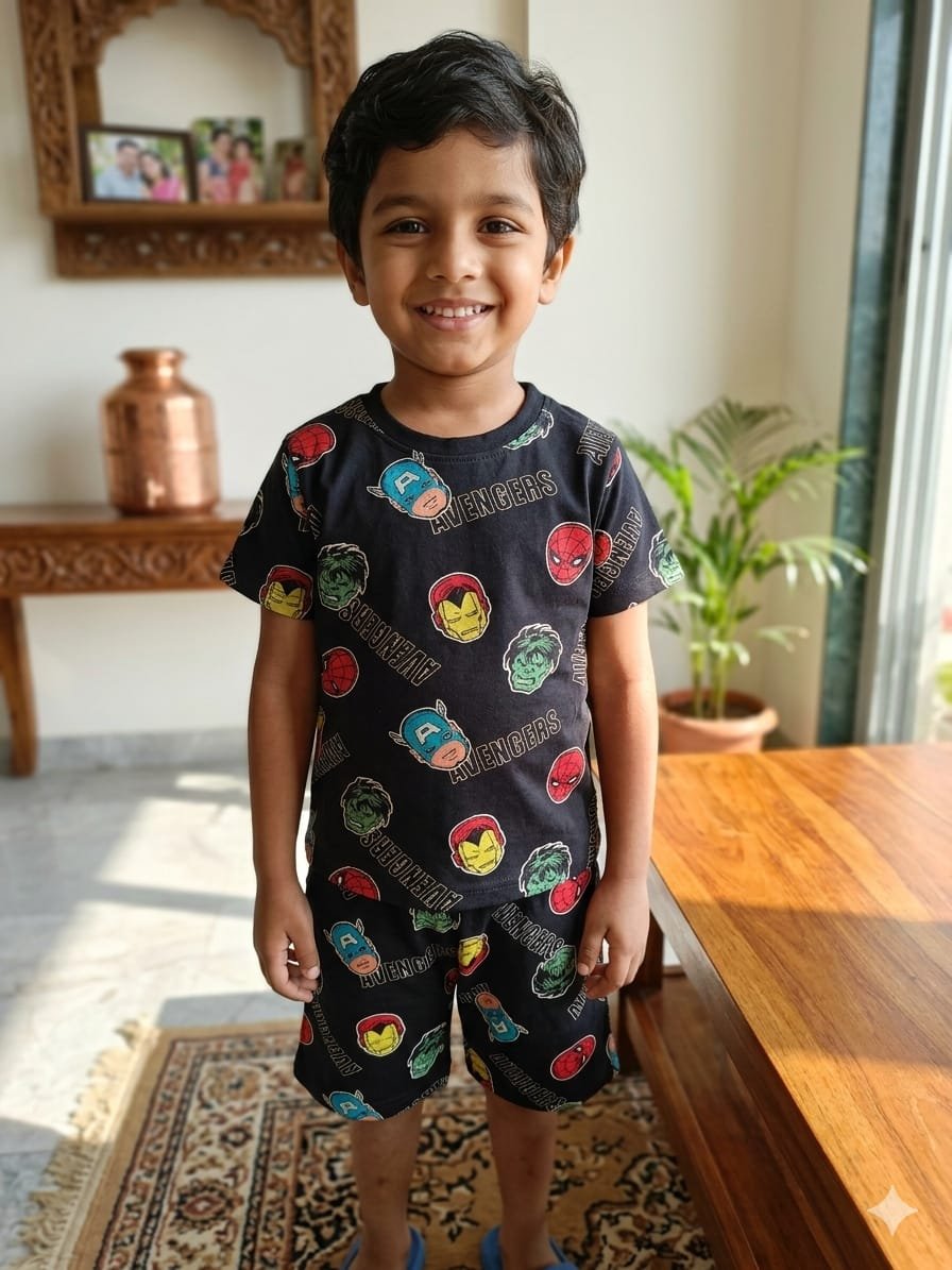 Smiling boy wearing an Avengers print t-shirt and shorts set